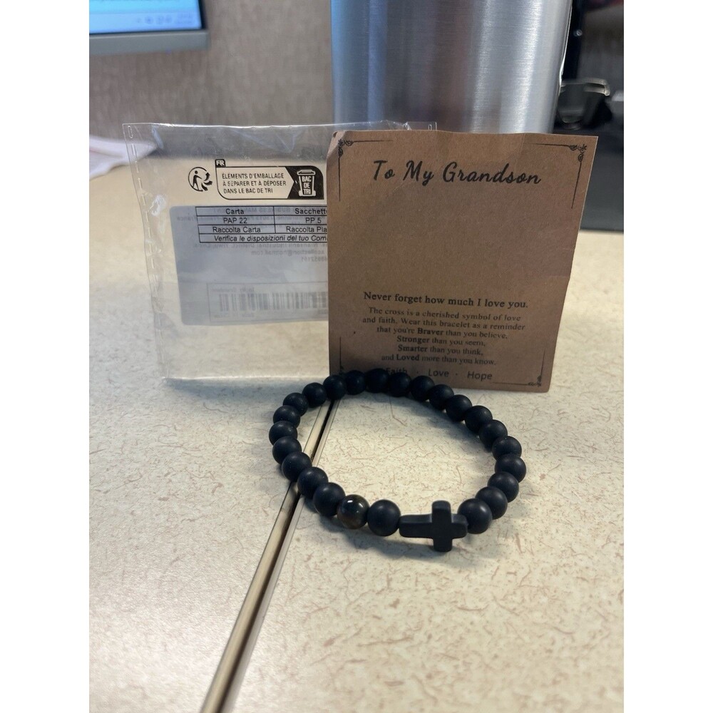 To My Grandson Black Beaded Cross Bracelet Natural Stone Tiger Eye Gift Note New